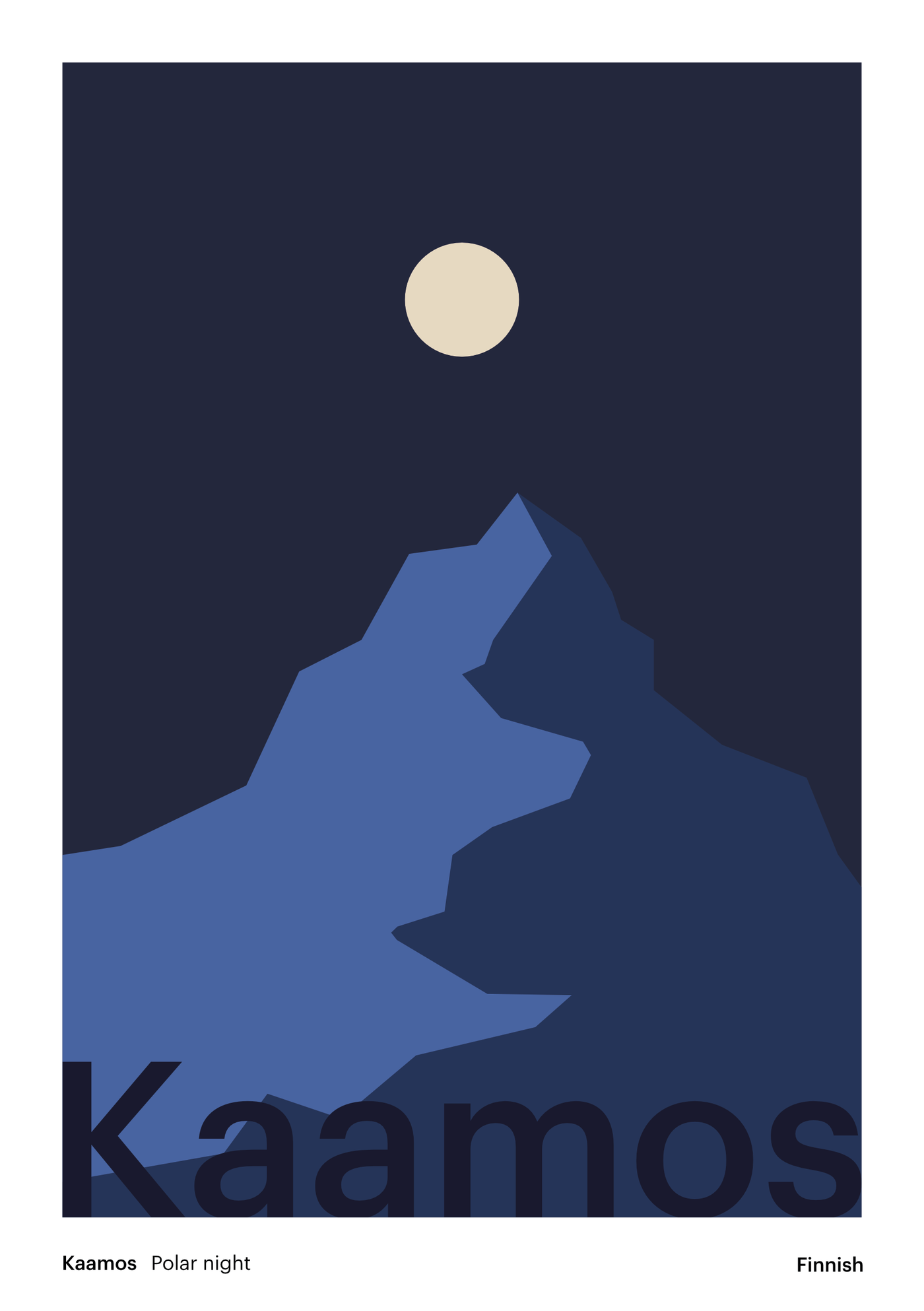 Poster of a mountain silhouette under a full moon with 'Kaamos' text on a dark blue background.