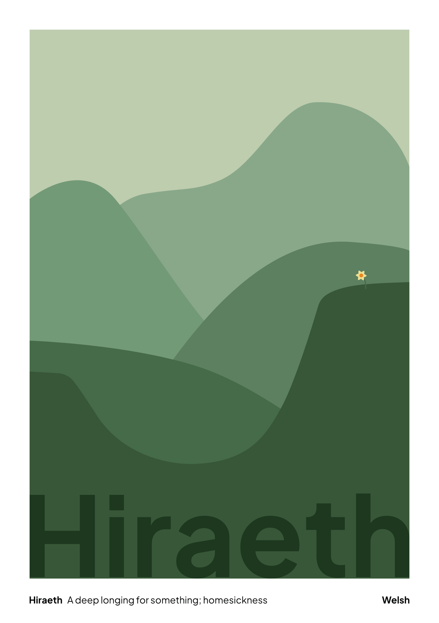 Print with green mountain landscape and 'Hiraeth' text