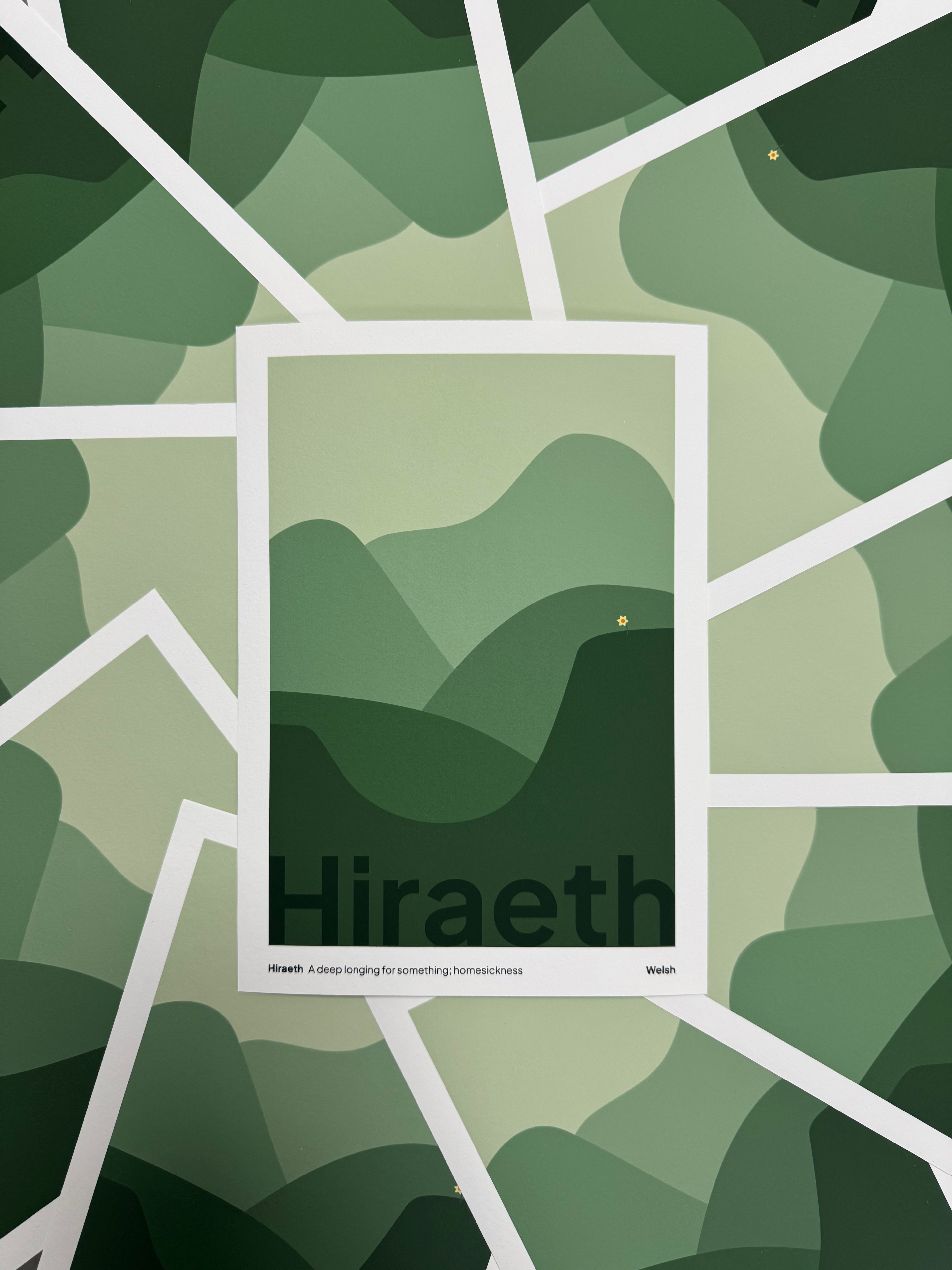 Poster with 'Hiraeth' design on a green abstract background