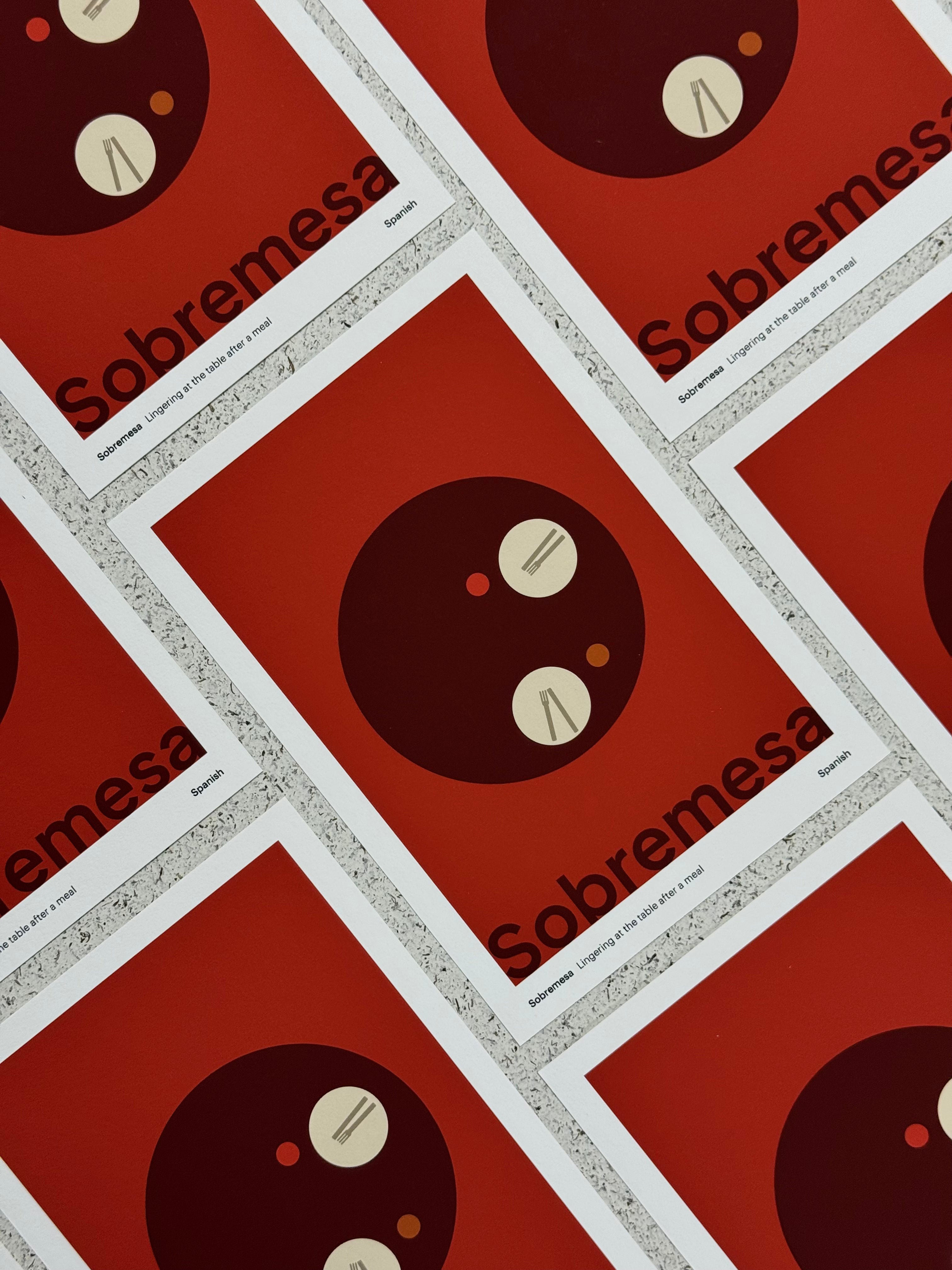 Multiple 'Sobremesa' posters with a design of a plate and cutlery on a red background.