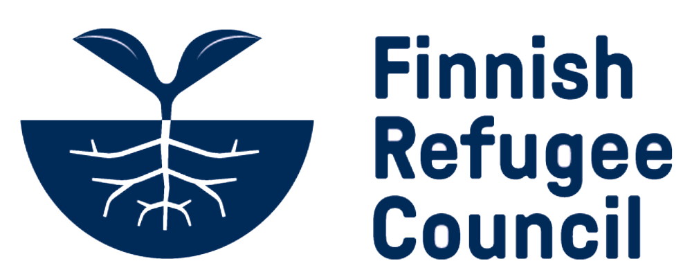 Logo of the Finnish Refugee Council with a blue bowl and sprout design.